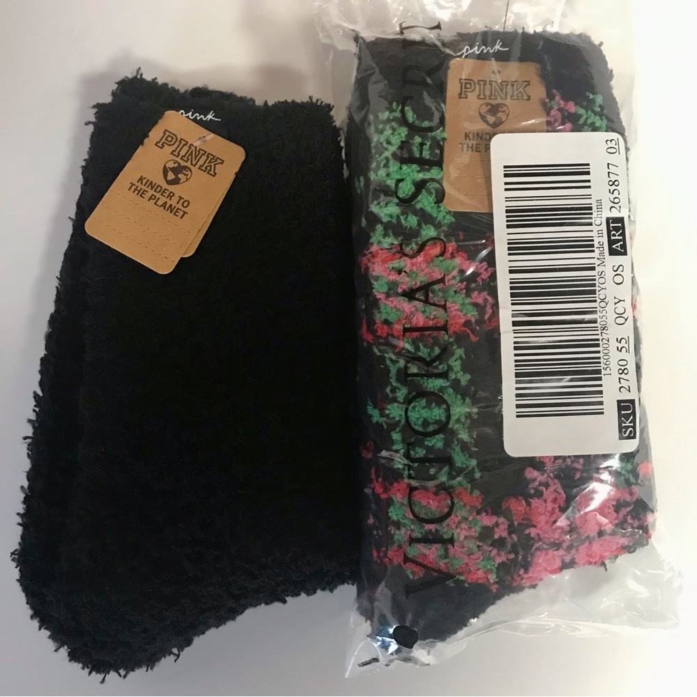 NWT VICTORIA SECRET/PINK
FUZZY MID-CALF SOCKS-2 PAIR-BLACK and MULTICOLORED